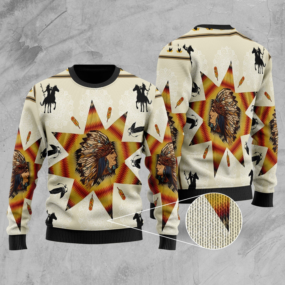 Unisex crewneck sweater with cream base, colorful chief headdress and horses graphic