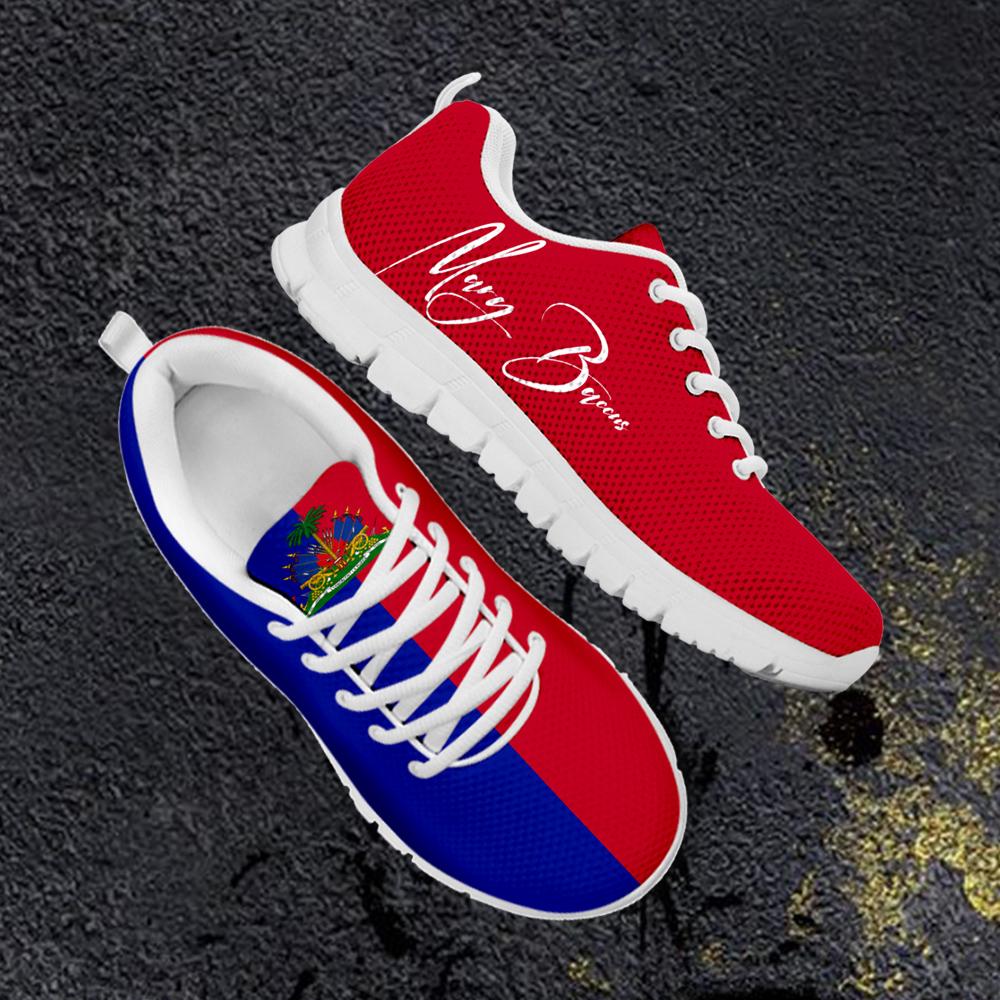 Haiti flag sneakers, red and blue uppers, white laces, white sole, script on side