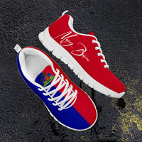 Haiti flag sneakers, red and blue uppers, white laces, white sole, script on side