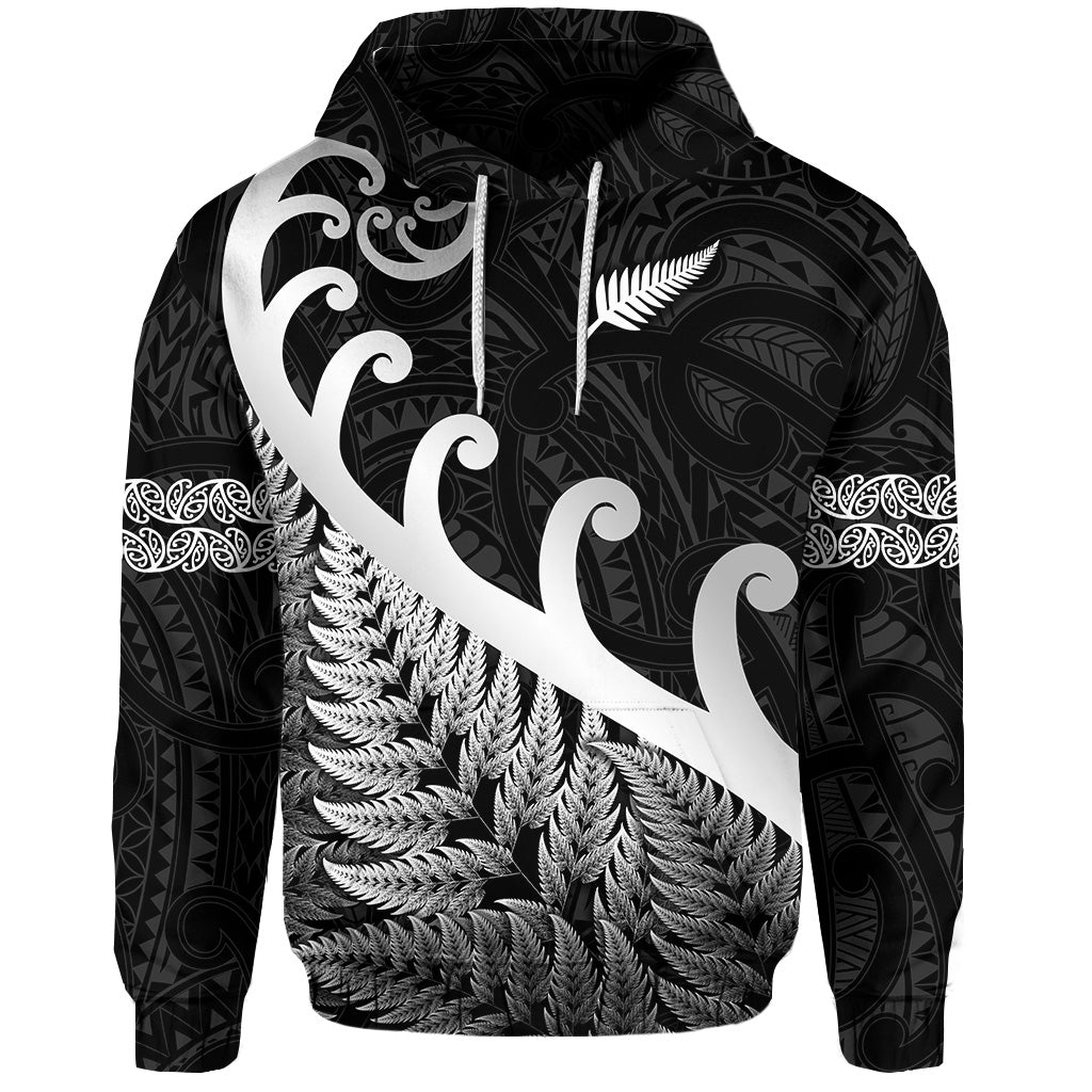 Custom New Zealand Rugby Maori Hoodie Silver Fern Koru Vibes Black LT8 - Wonder Print Shop