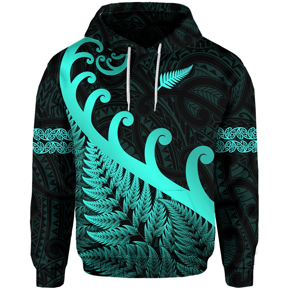 Custom New Zealand Rugby Maori Hoodie Silver Fern Koru Vibes Turquoise LT8 - Wonder Print Shop