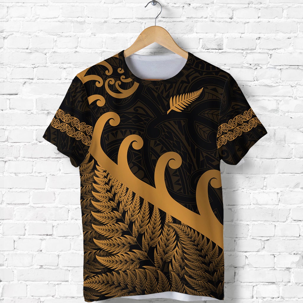 custom-personalised-new-zealand-rugby-maori-t-shirt-silver-fern-koru-vibes-gold