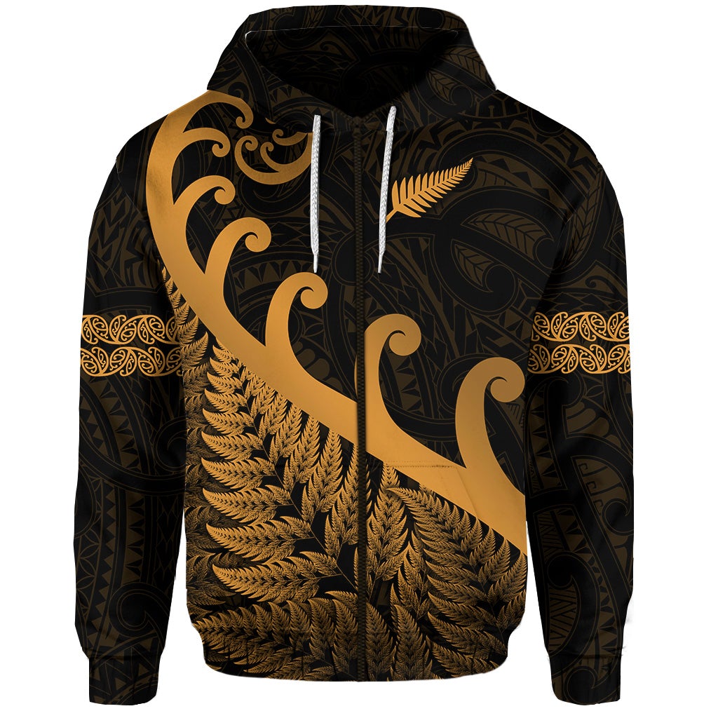 Custom New Zealand Rugby Maori Zip Hoodie Silver Fern Koru Vibes Gold LT8 - Wonder Print Shop