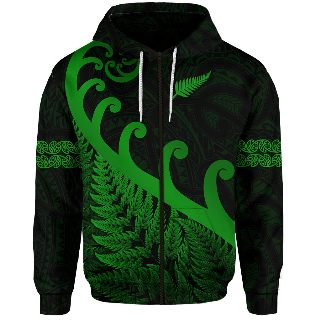 Custom New Zealand Rugby Maori Zip Hoodie Silver Fern Koru Vibes Green LT8 - Wonder Print Shop