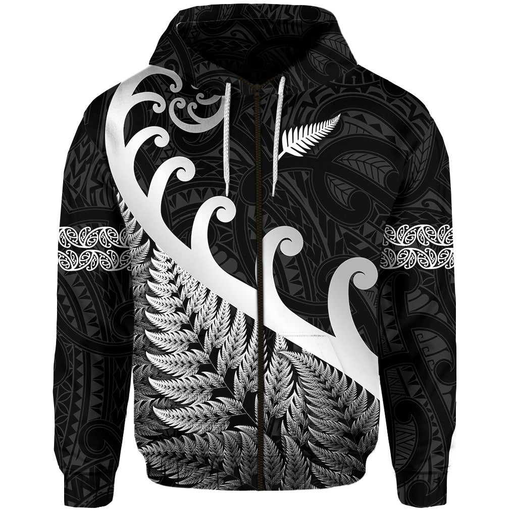 Custom New Zealand Rugby Maori Zip Hoodie Silver Fern Koru Vibes Black LT8 - Wonder Print Shop