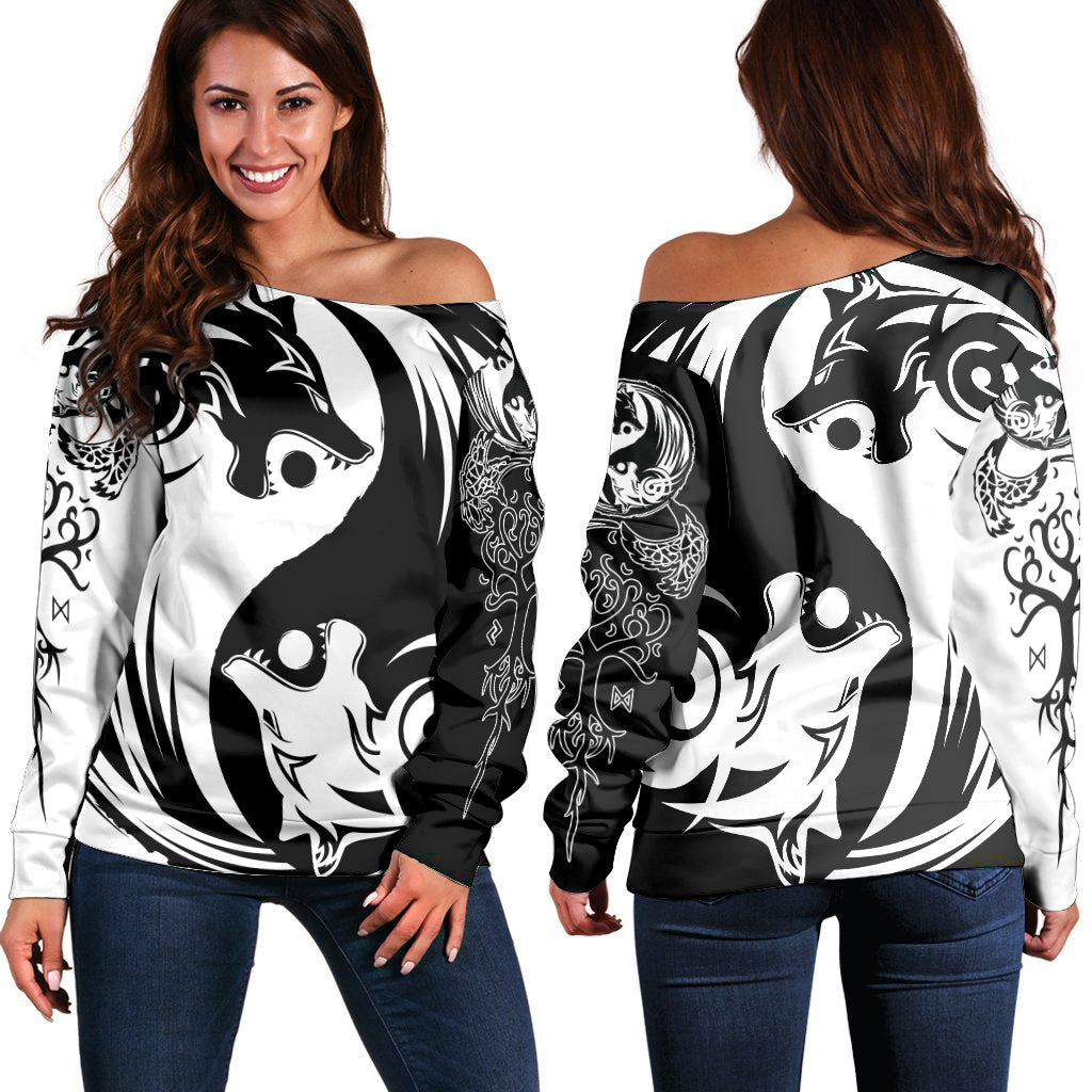 Women’s off-shoulder sweater in black with yin-yang wolf graphic, long sleeves