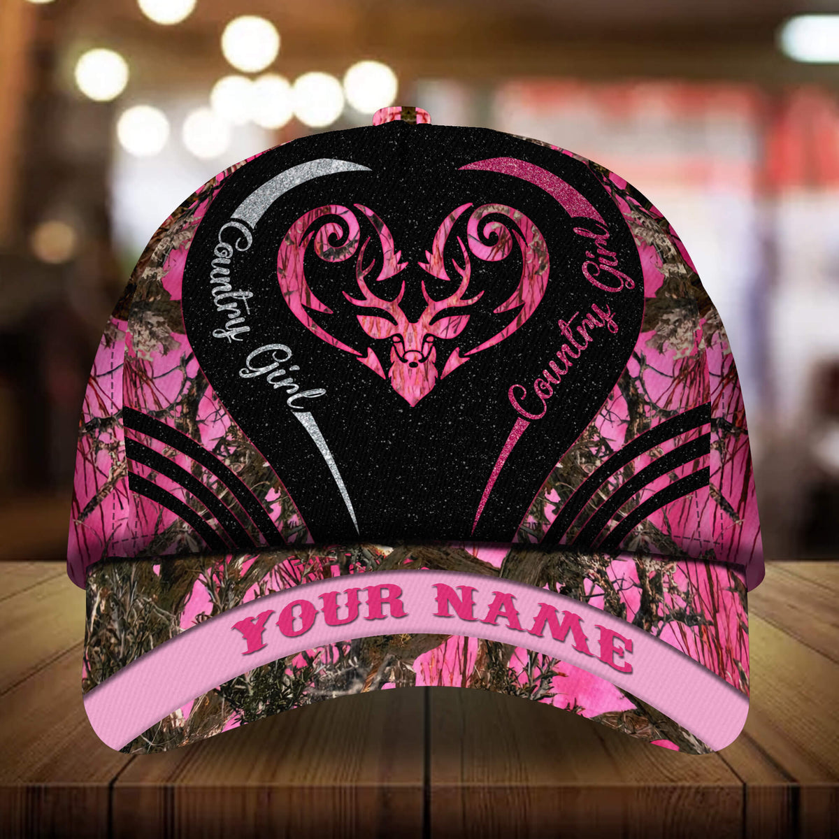 Pink and purple 3D deer heart country girl hat, “YOUR NAME” on light pink brim