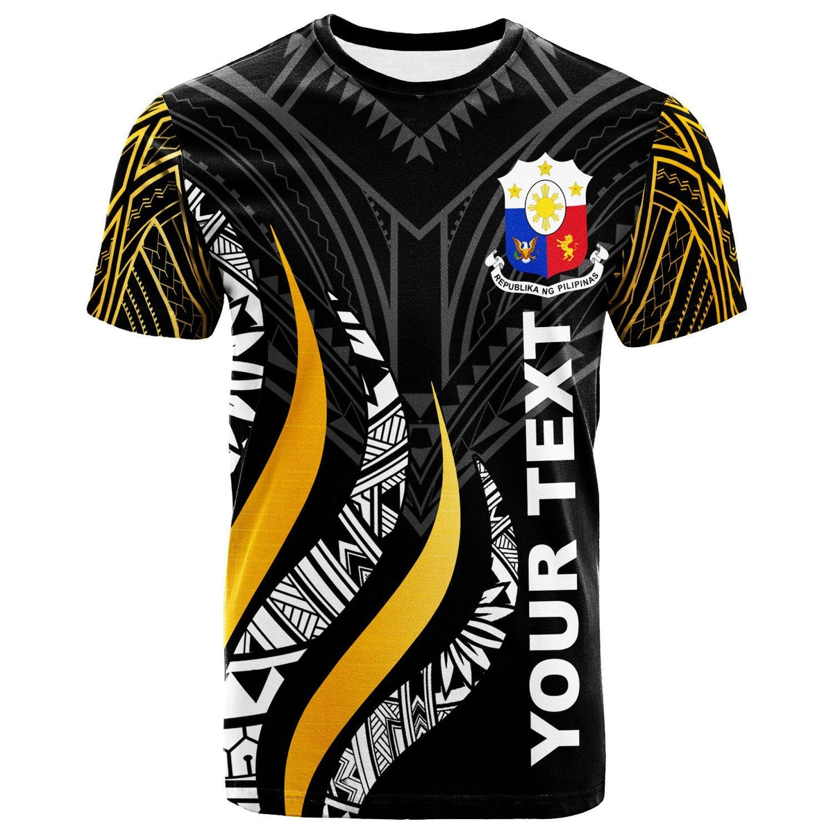 Black short-sleeve T-shirt with gold-yellow and white tribal fire pattern front crest