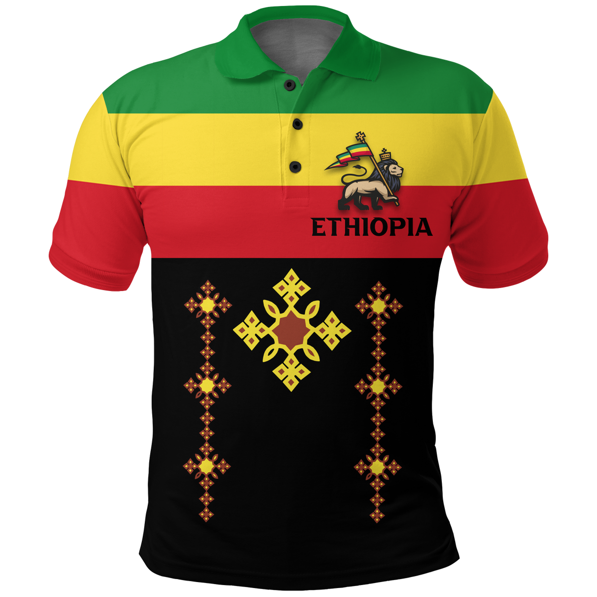 Ethiopia flag polo shirt, front: lion with crown, ETHIOPIA text, decorative cross