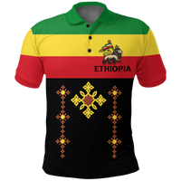 Ethiopia flag polo shirt, front: lion with crown, ETHIOPIA text, decorative cross