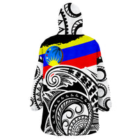 Wearable blanket hoodie with hood, black white tribal prints and blue red flag panel