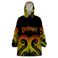 Wearable blanket hoodie, black with polynesian face print in yellow, orange, green