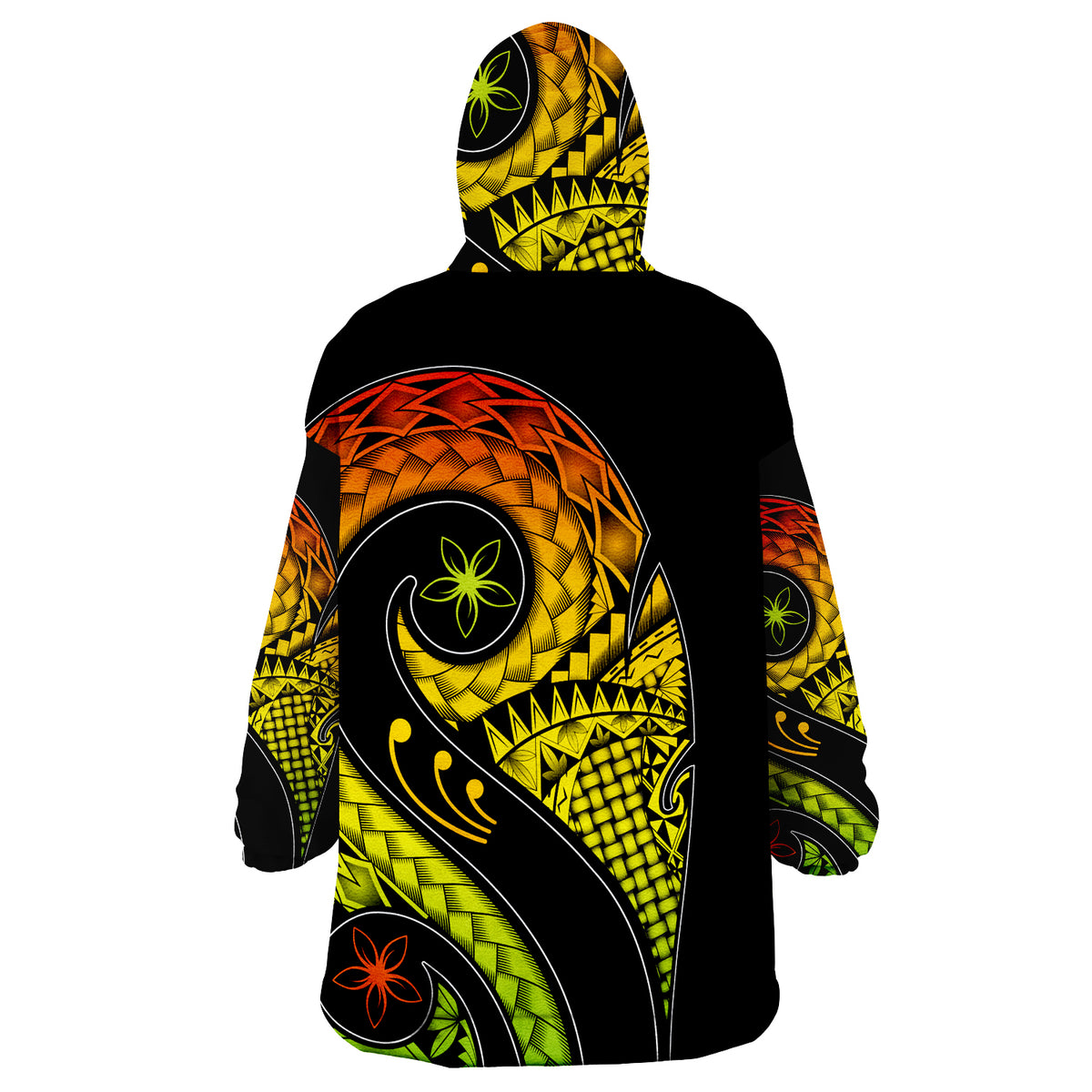 Wearable blanket hoodie, back view with black base and yellow-green tribal pattern and eyes