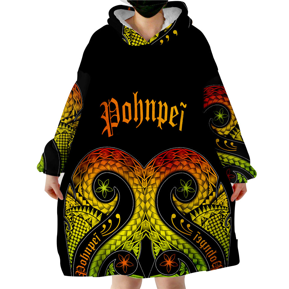 Wearable blanket hoodie, black with owl-like face print in yellow, orange and green