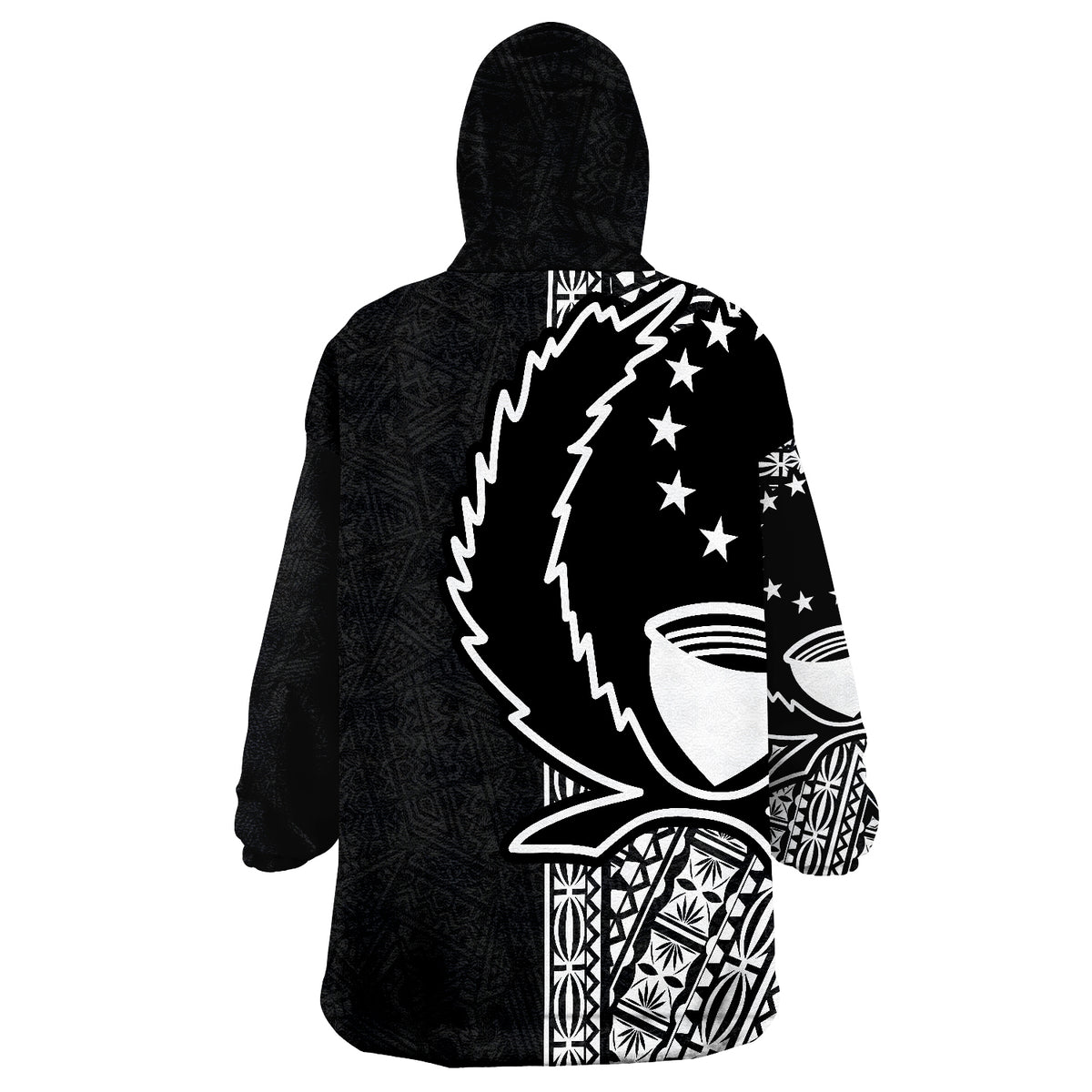 Wearable blanket hoodie with hood, black back print featuring large bird and star pattern