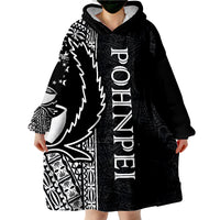 Wearable blanket hoodie with hood, black and white bird and tribal stripe print, long sleeves