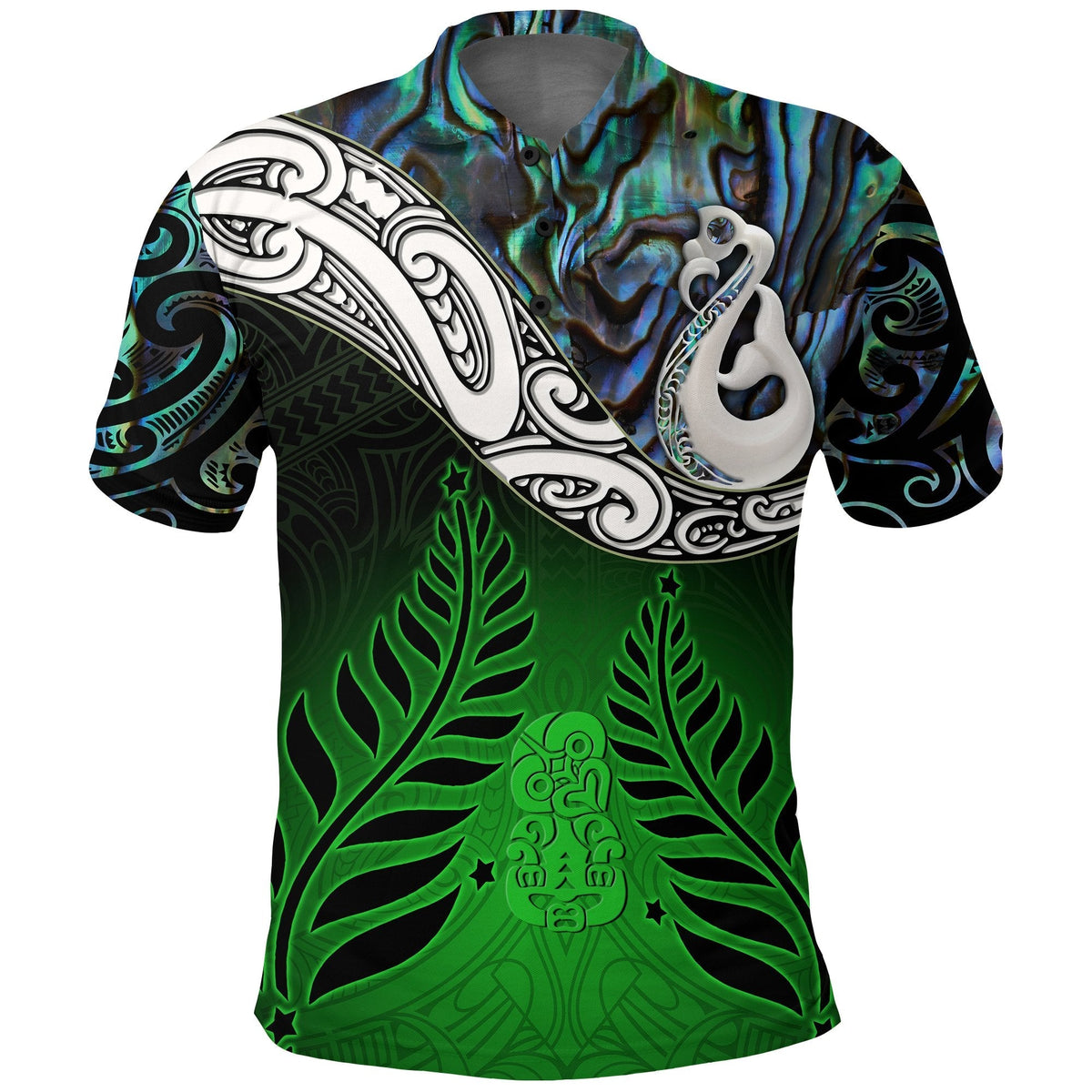 Kids polo shirt in green with Maori-style tribal print and shell glitter artwork