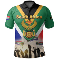 Green polo shirt with South Africa graphic, banner stripes, and button collar
