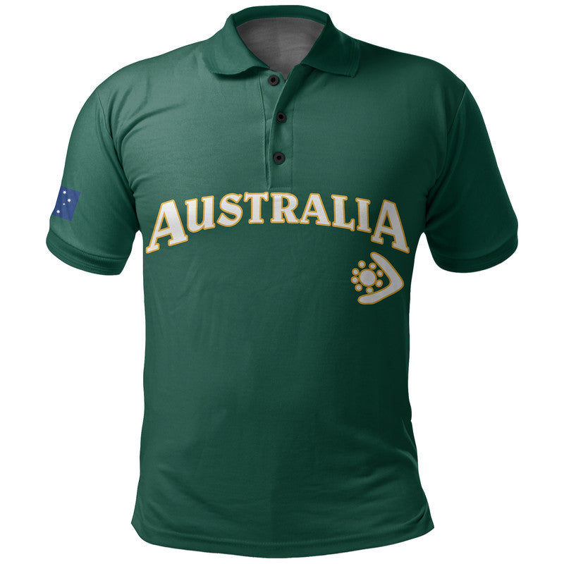 Green polo shirt with collar, front Australia graphic and shield emblem