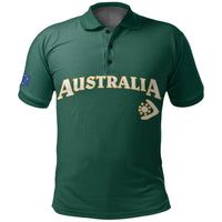 Green polo shirt with collar, front Australia graphic and shield emblem