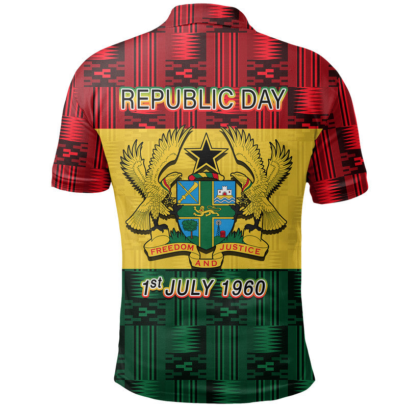 Polo shirt back in red with 'Republic Day' text, crest, and 1st July 1960