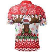 Red Christmas polo back with moose antlers, snowflakes, and winter chevron stripes