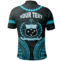 Tribal polo shirt with teal-blue tribal back print, crest, and "YOUR TEXT" banner