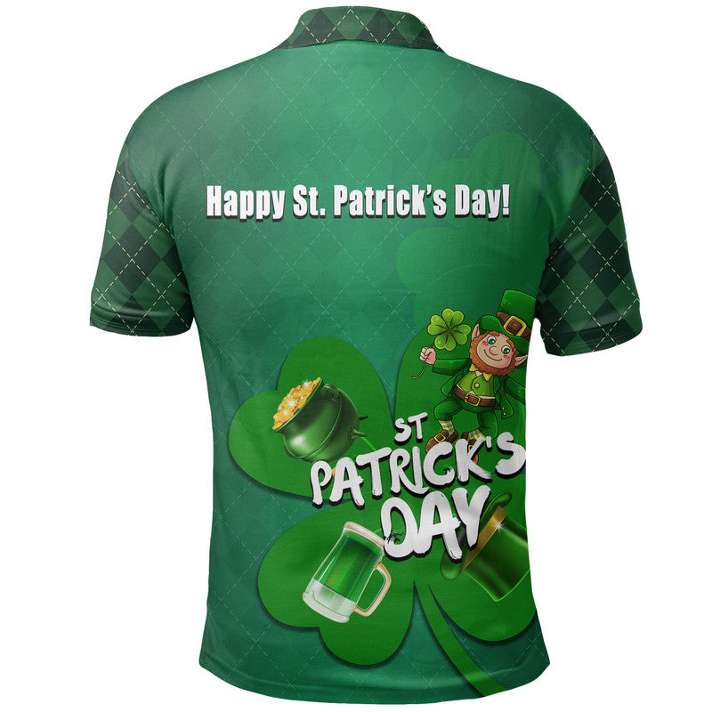 Green polo shirt back with Happy St Patrick's Day text and shamrock leprechaun