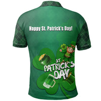 Green polo shirt back with Happy St Patrick's Day text and shamrock leprechaun