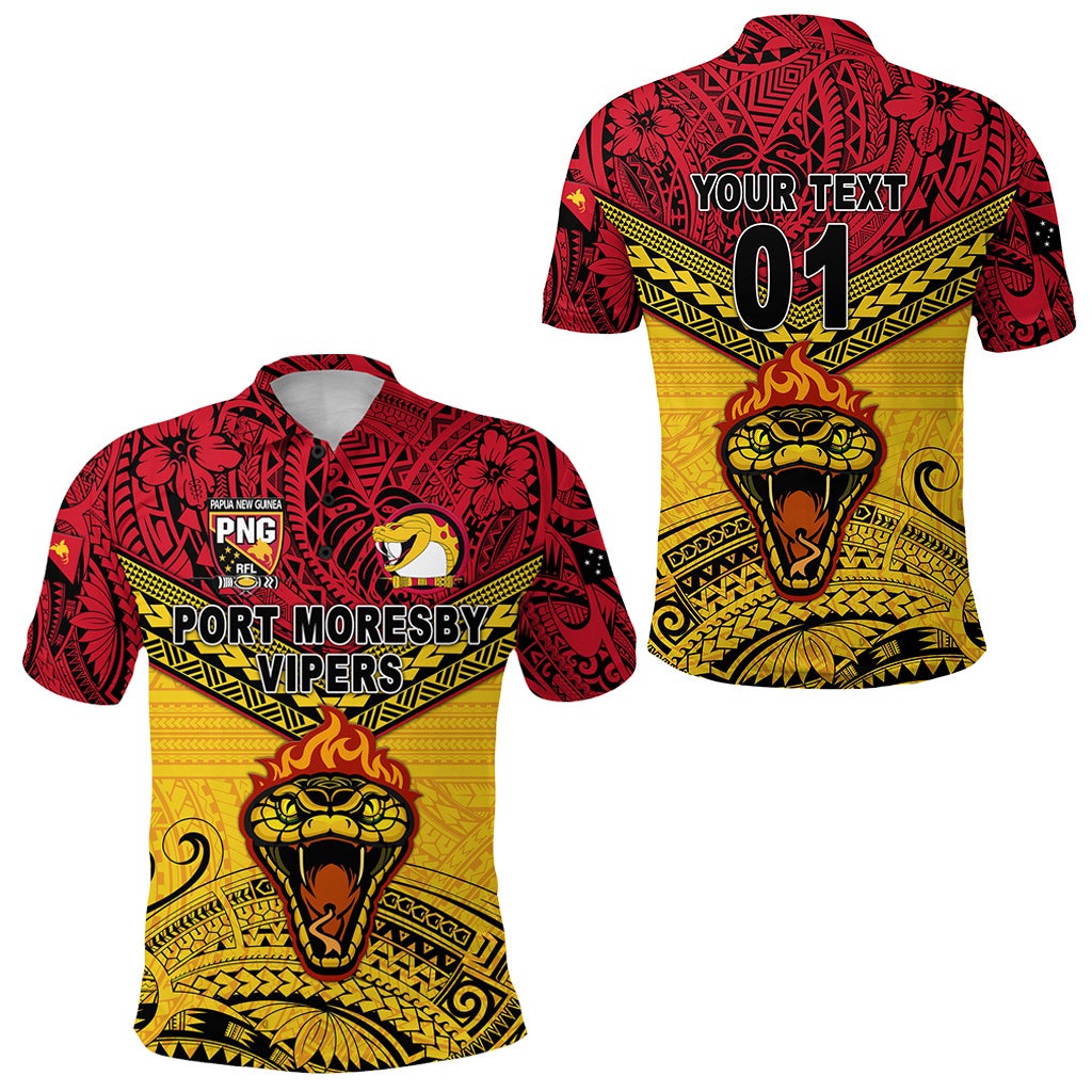 Red polo shirt with “Port Moresby Vipers” text and lion head graphic