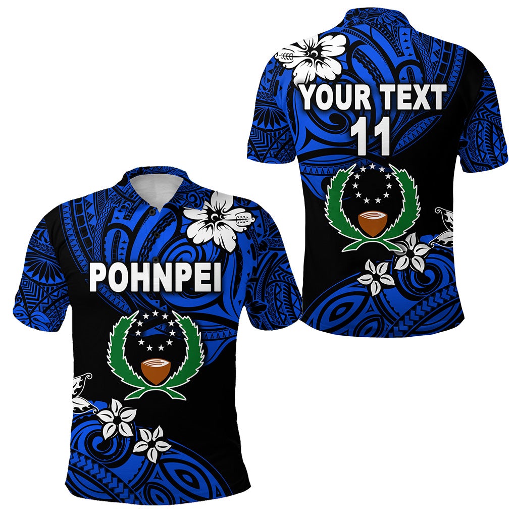 Custom polo shirt in blue and black with floral bird graphic and POHNPEI text