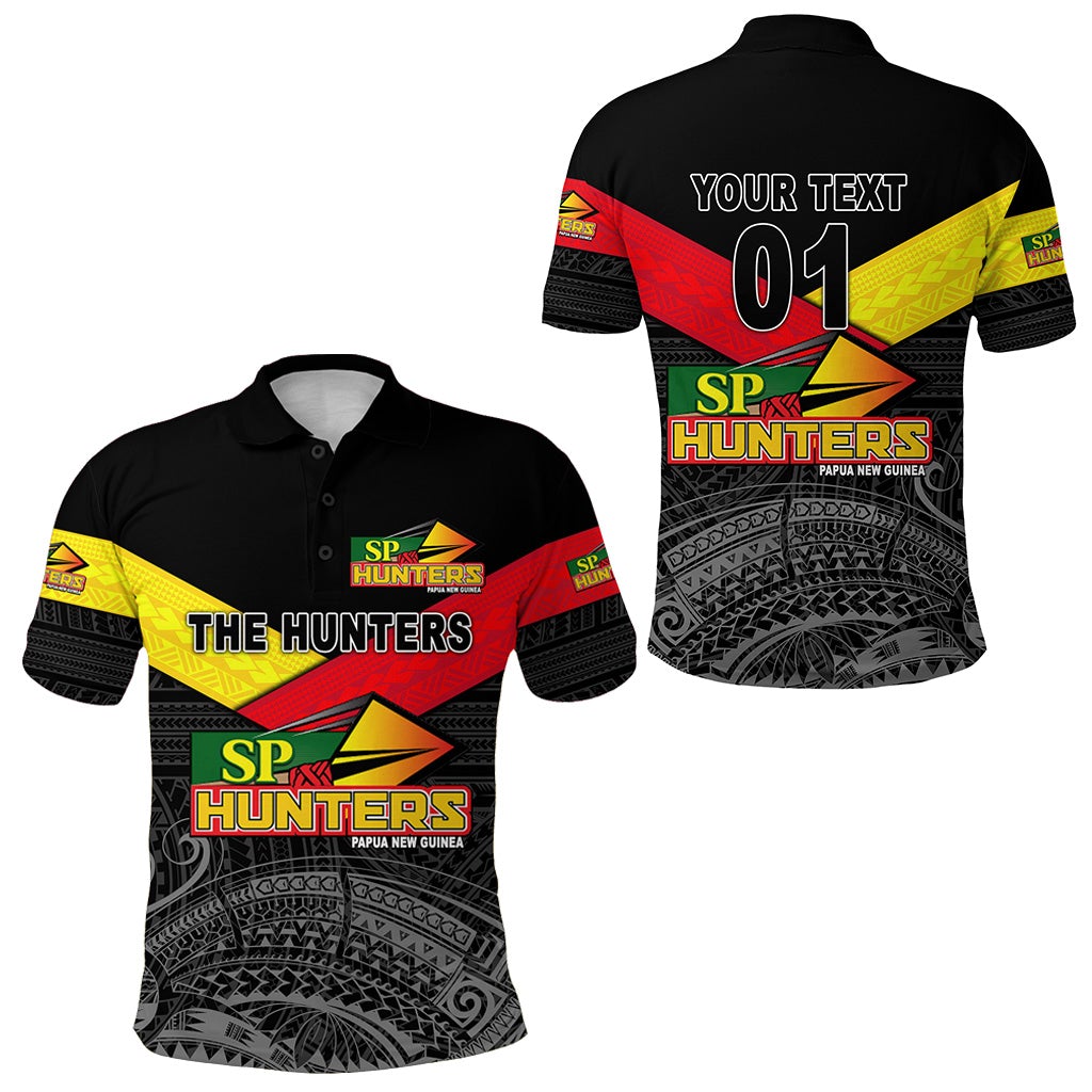 Black rugby polo shirt, back print: YOUR TEXT 01 and SP Hunters logo
