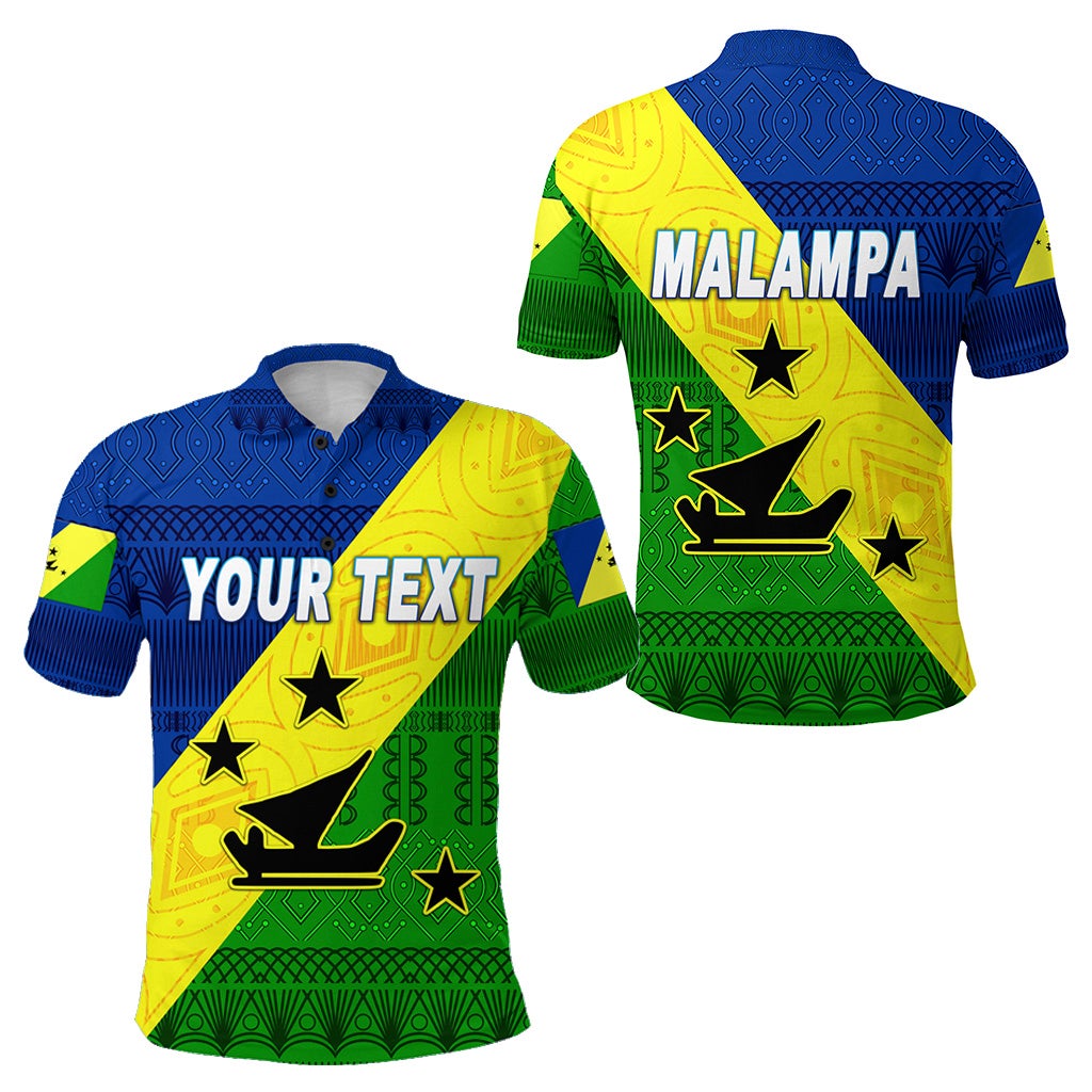 Poloshirt mit Polo-Kragen, Vanuatu-Muster, MALAMPA-Schrift und gelbe Sterne, grün/blau