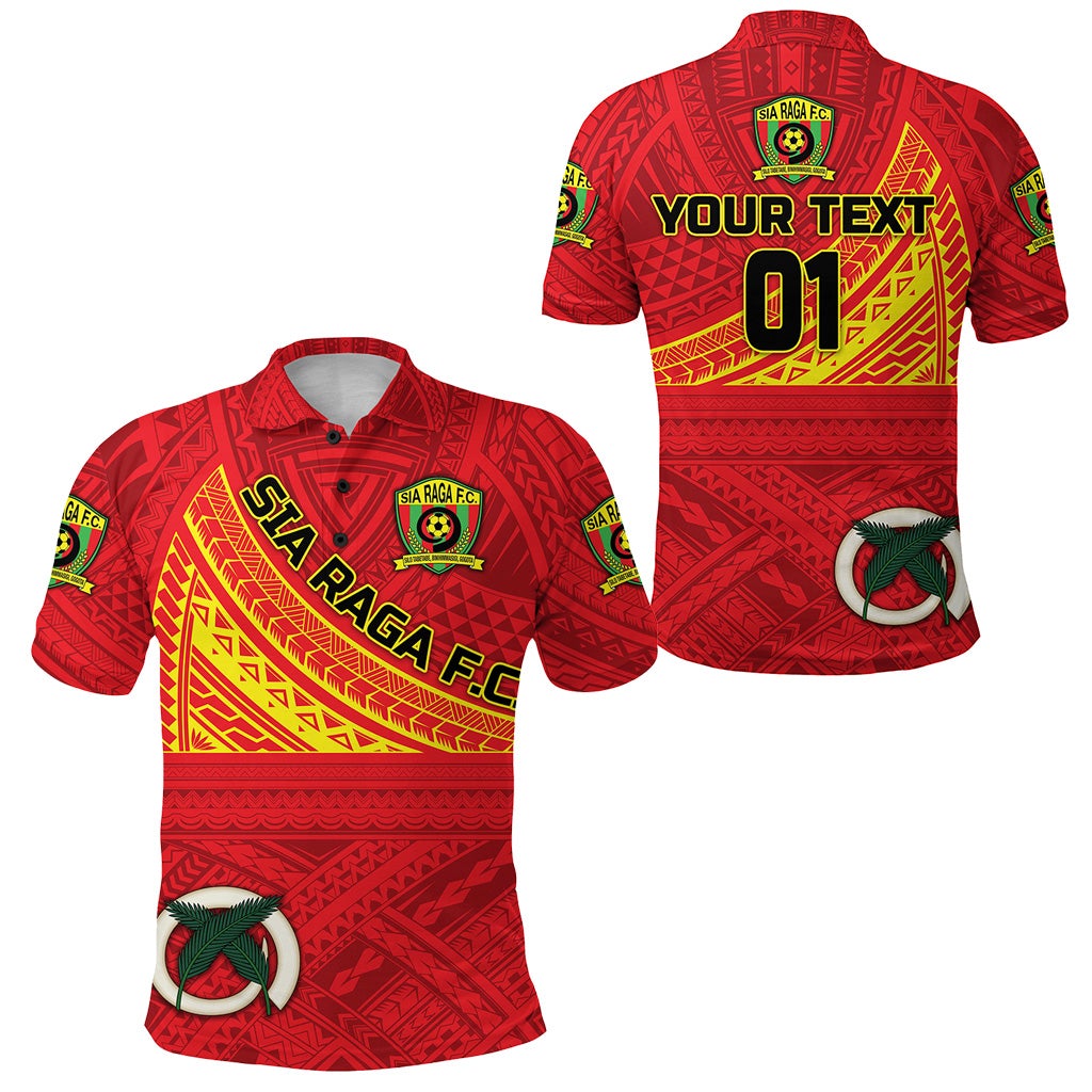 Rotes Fußball-Poloshirt mit Wappen, Custom-Text und Nr. 01, rot-gelbes Tribal-Design