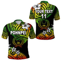 Reggae Custom-Polohemd: Front „POHNPEI“, Rückseite „YOUR TEXT 11“