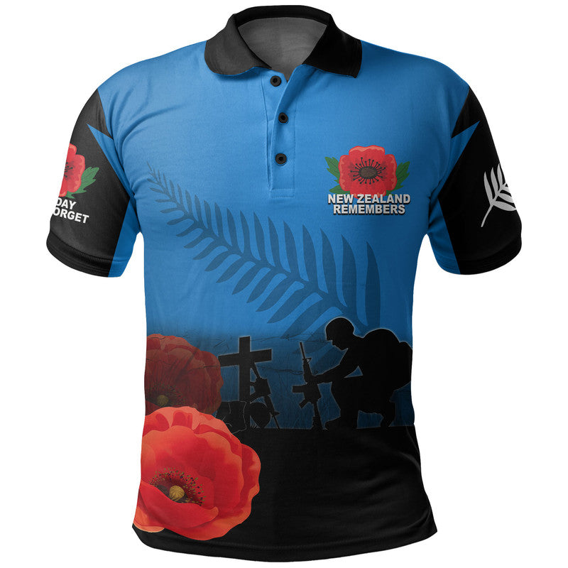 Blue polo shirt with black collar, poppy and soldier silhouette graphic, NZ Remembers print