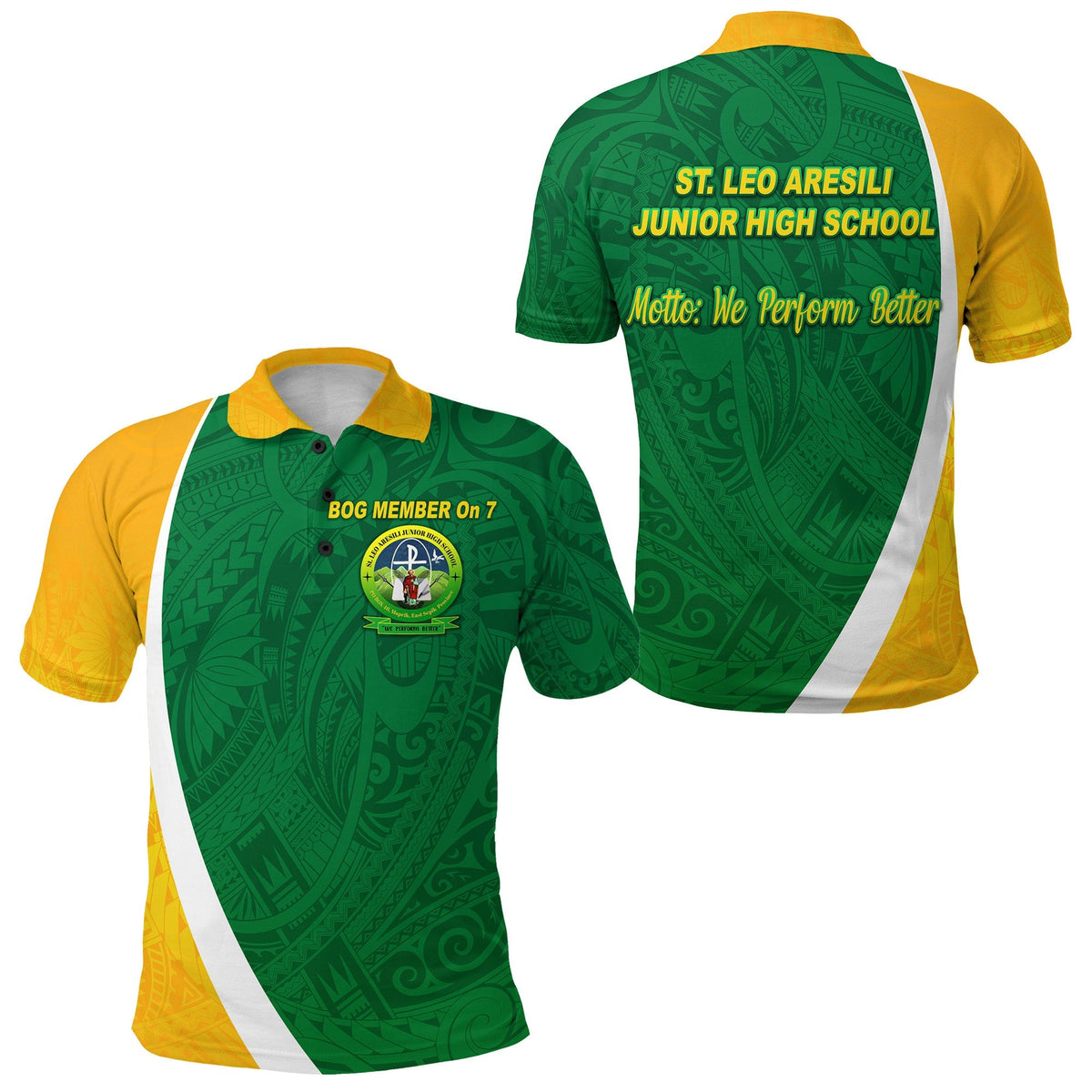 Green polo shirt, yellow sleeves and white diagonal stripe; back logo and motto