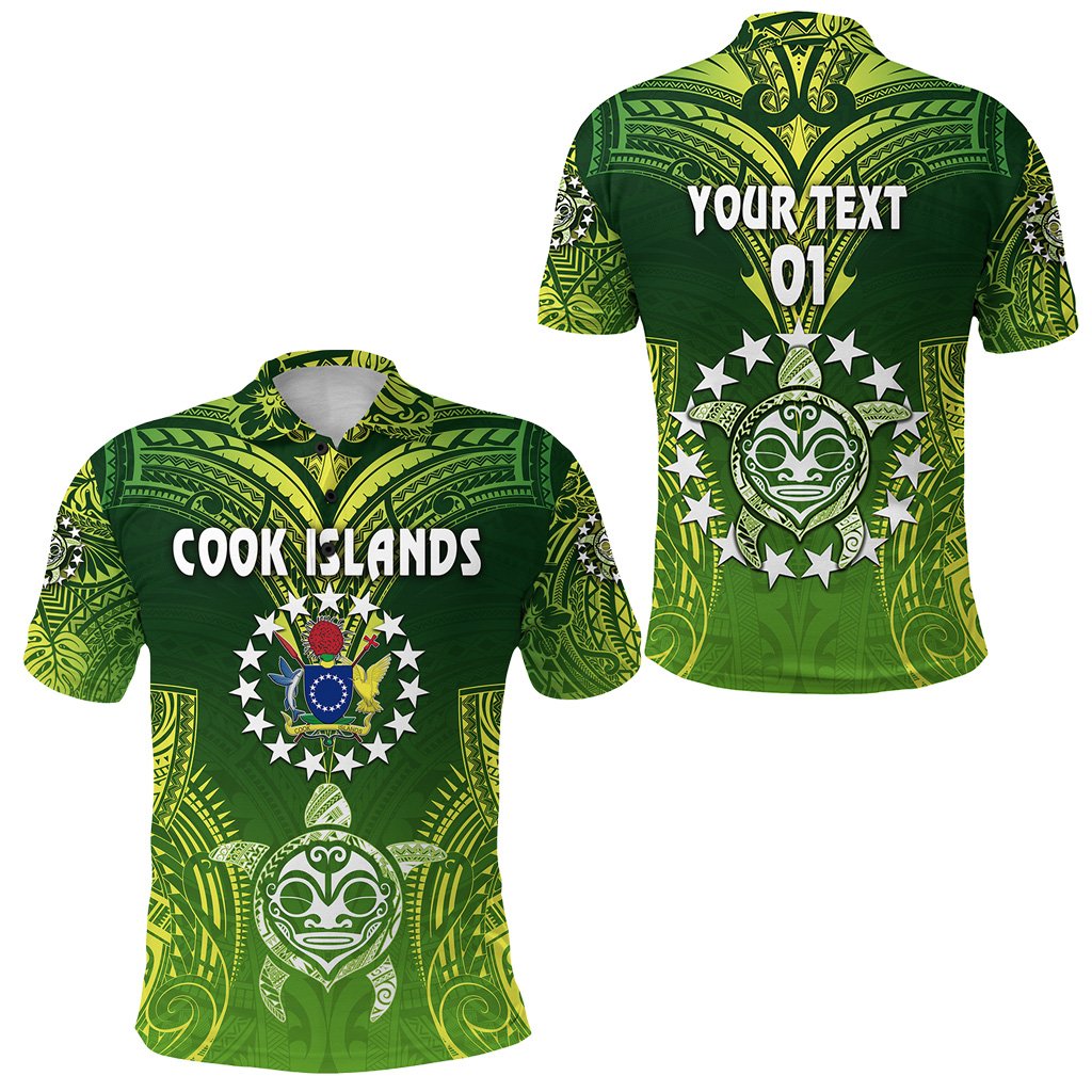 Custom Cook Islands polo: front COOK ISLANDS crest with stars, green