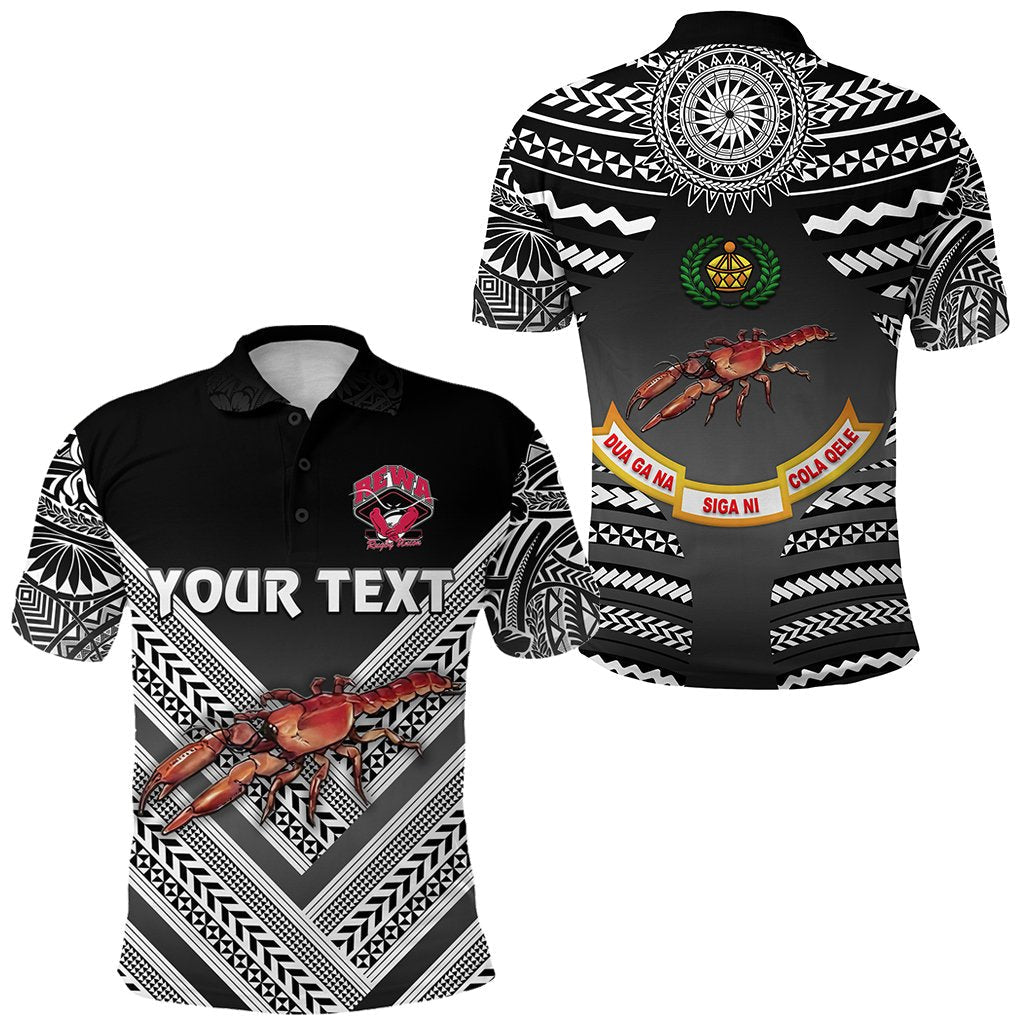 Polo rugby negra con patrón tribal blanco y cangrejo rojo; texto "YOUR TEXT"