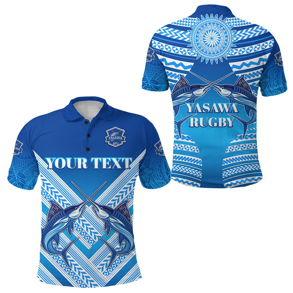 Blaues Rugby-Polo mit YASAWA Rugby-Print, Maori-Muster und Delfin-Design