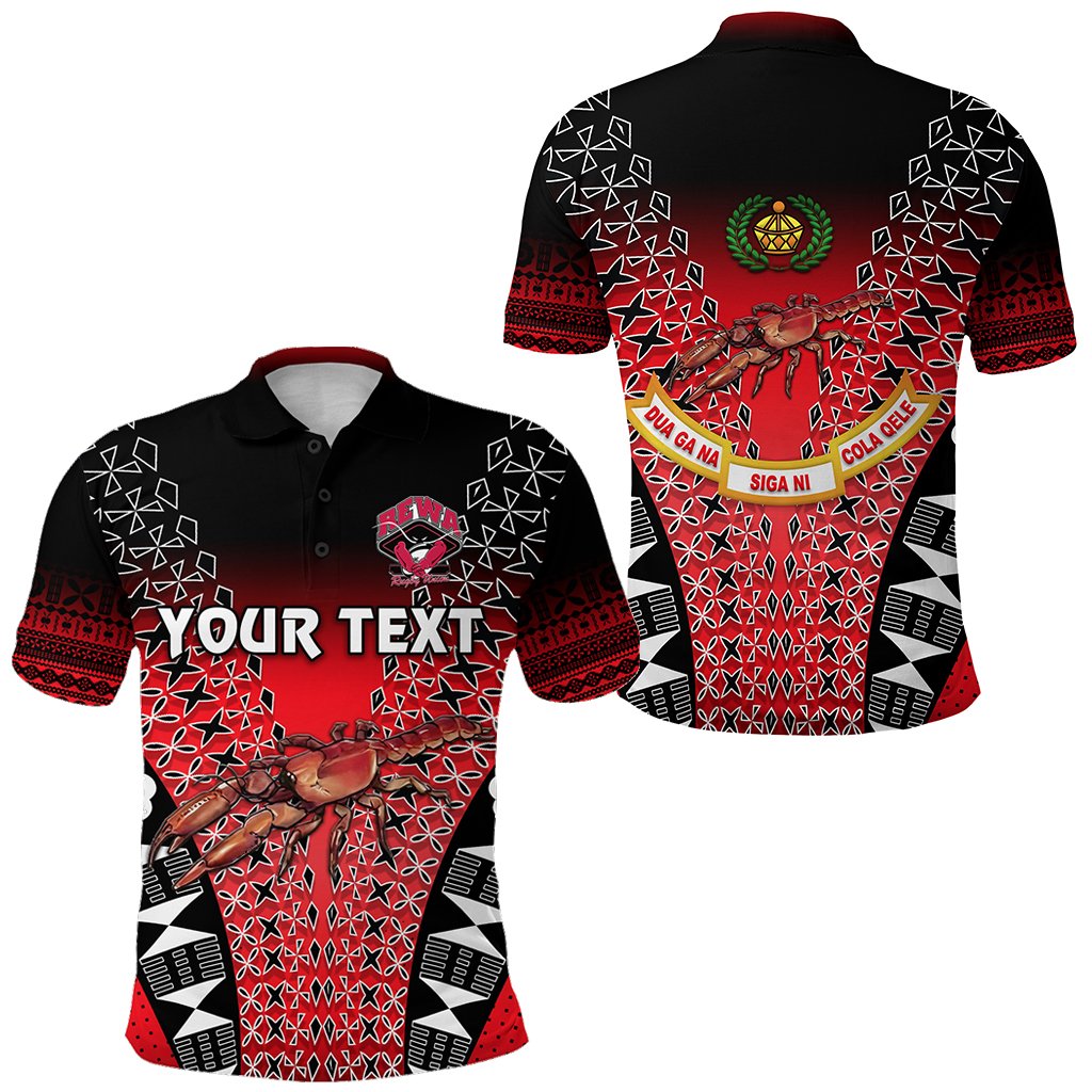 Red rugby polo shirt with tapa-style graphic, black sleeves, front button collar, YOUR TEXT print