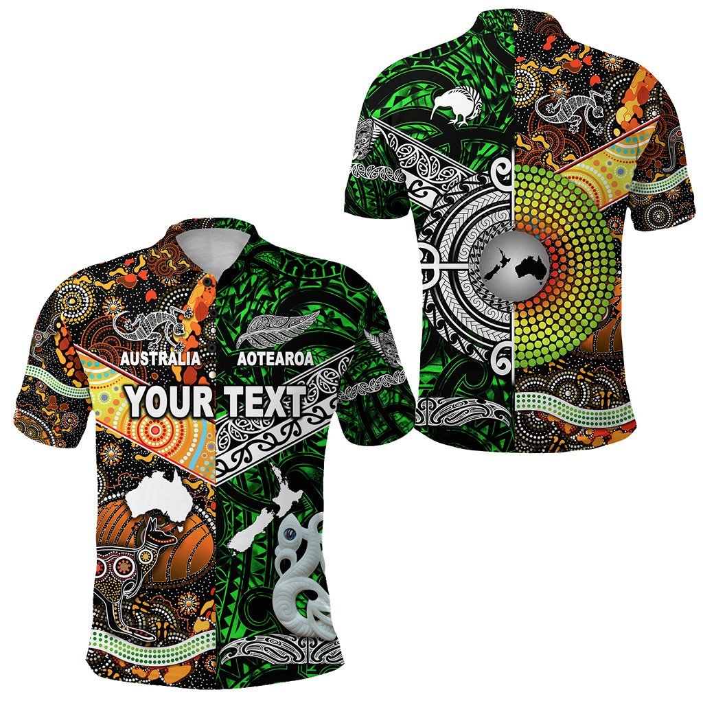 Black polo shirt with custom text graphic and bold Aboriginal/Maori pattern, short sleeves