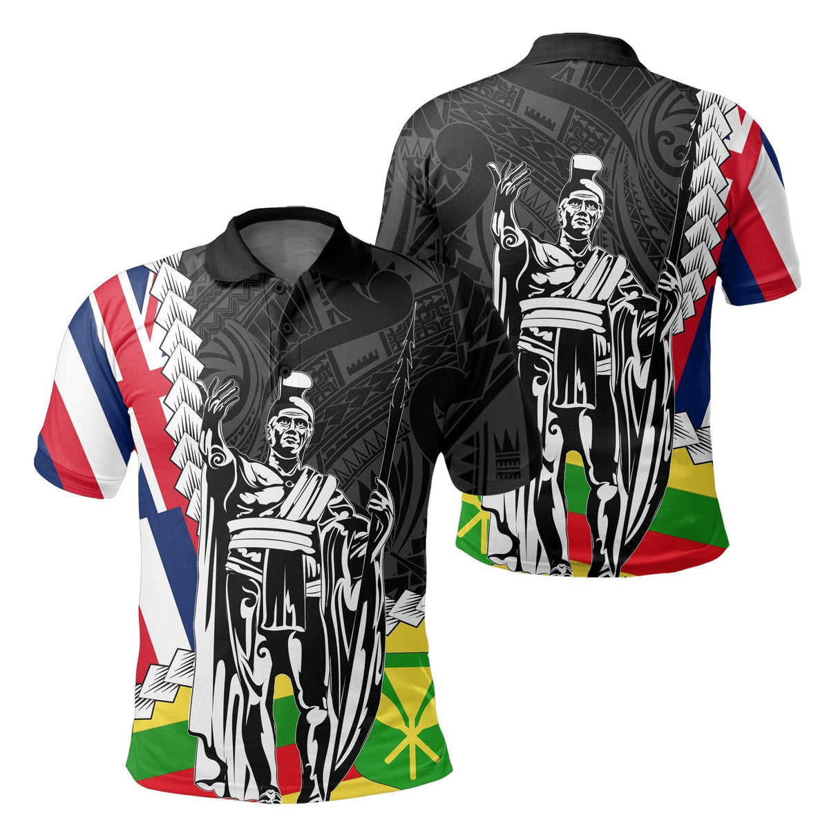 Black Polynesian polo with two-flag graphic and Polynesian figures; front and back view