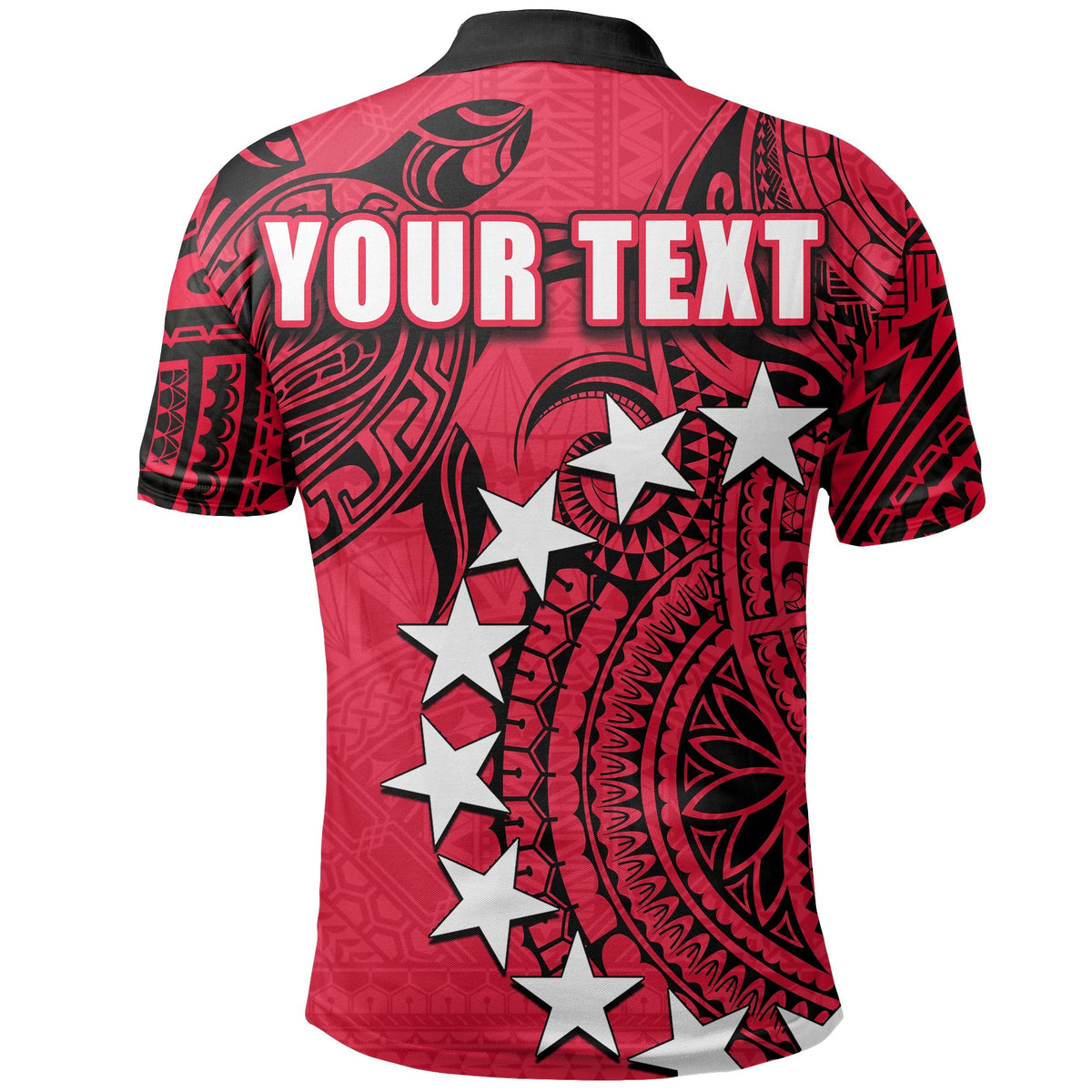 Red polo shirt back with black collar, “YOUR TEXT” print and large star pattern