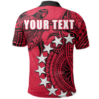 Red polo shirt back with black collar, “YOUR TEXT” print and large star pattern