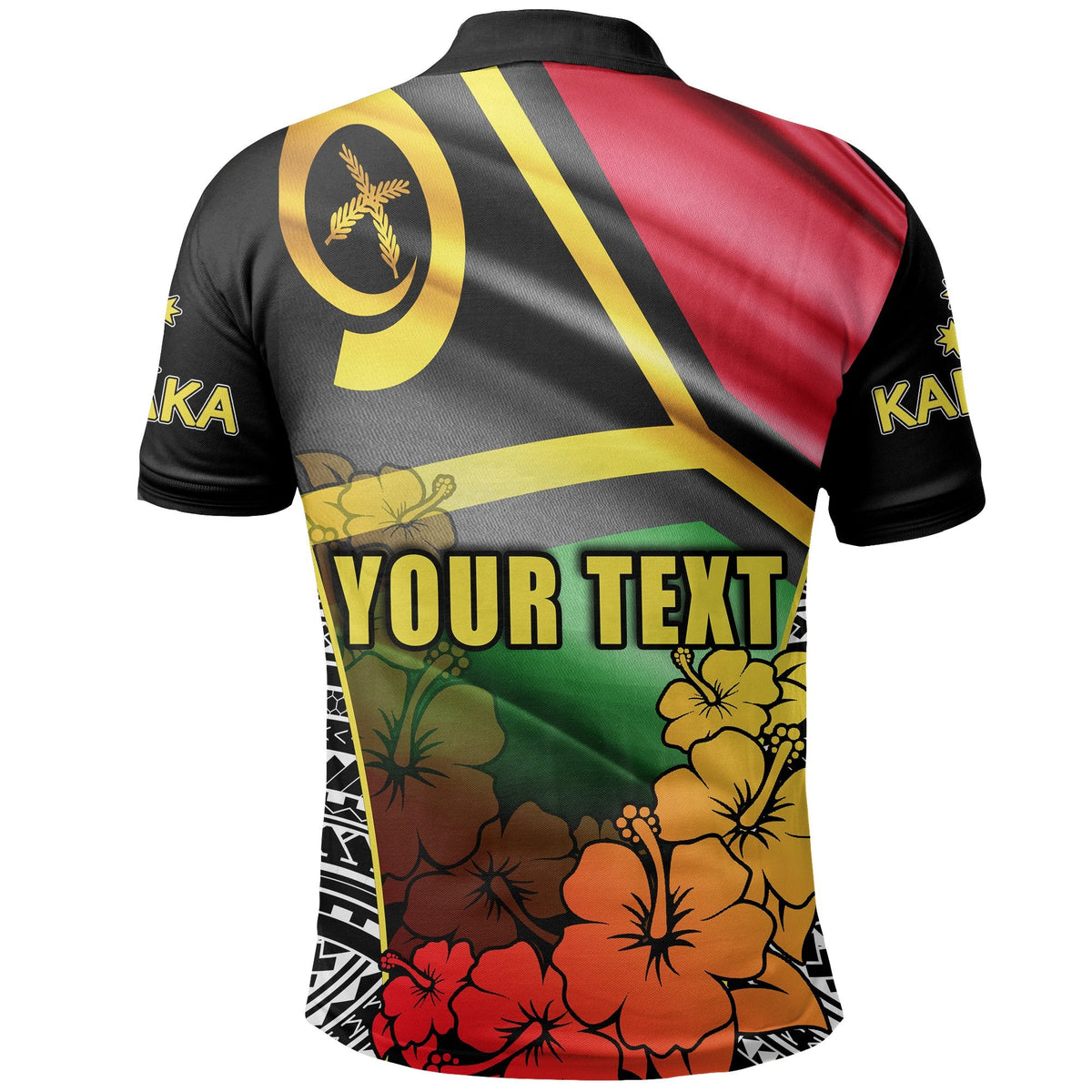 Back view polo shirt with red shoulder stripes, floral graphic and 'YOUR TEXT' print