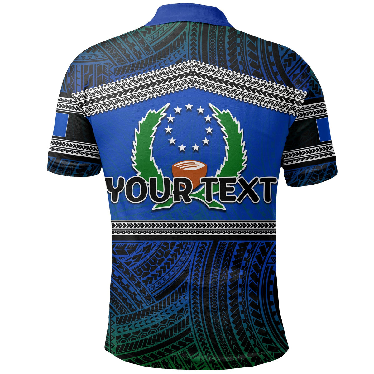 Polohemd blau mit Rücken-Text „YOUR TEXT“ und Pohnpei-Emblem