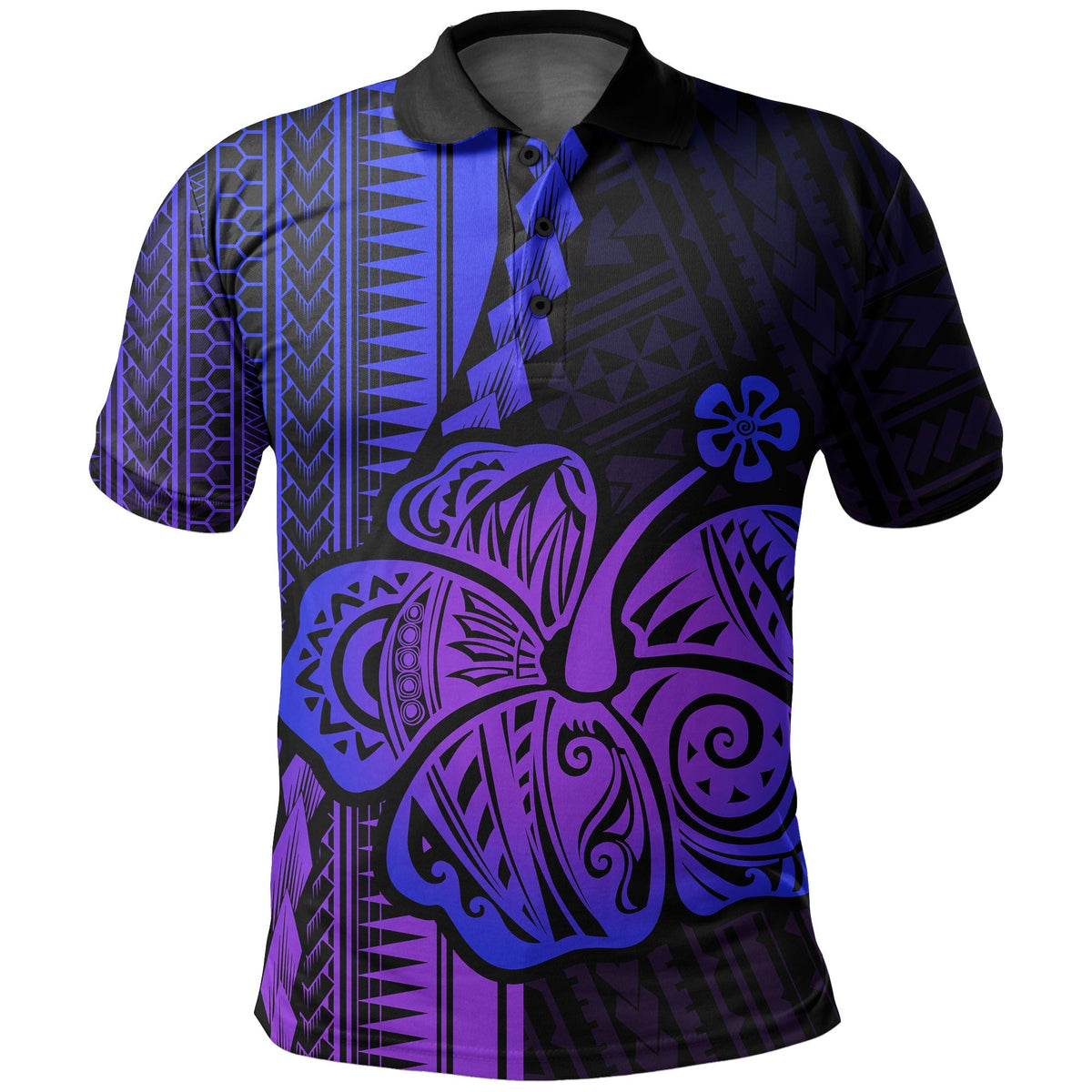 Purple polo shirt with Polynesian hibiscus and tribal patterns, short sleeves