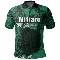 Custom Cook Islands polo shirt, green with black collar; 'Mitiaro' front graphic and stars
