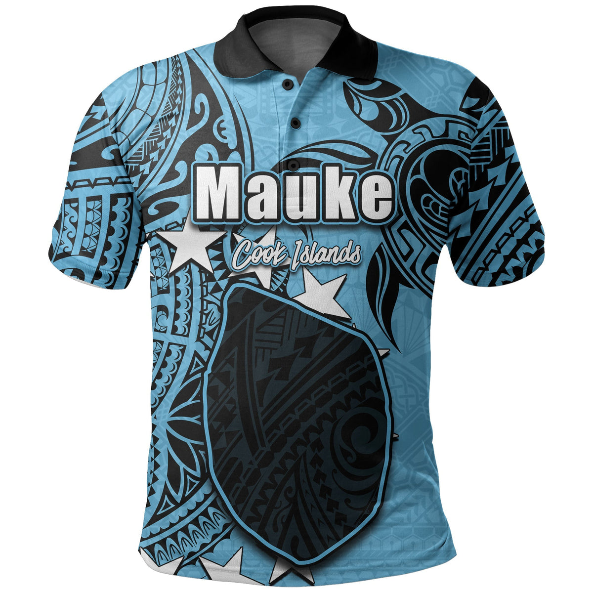 Blue polo shirt with Mauke front graphic and Cook Islands text
